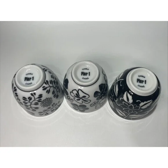 Lot of 3 Pier 1 Imports 4 oz Akina Sake Tea Cups Black White Floral Design 2.5” - Picture 6 of 7